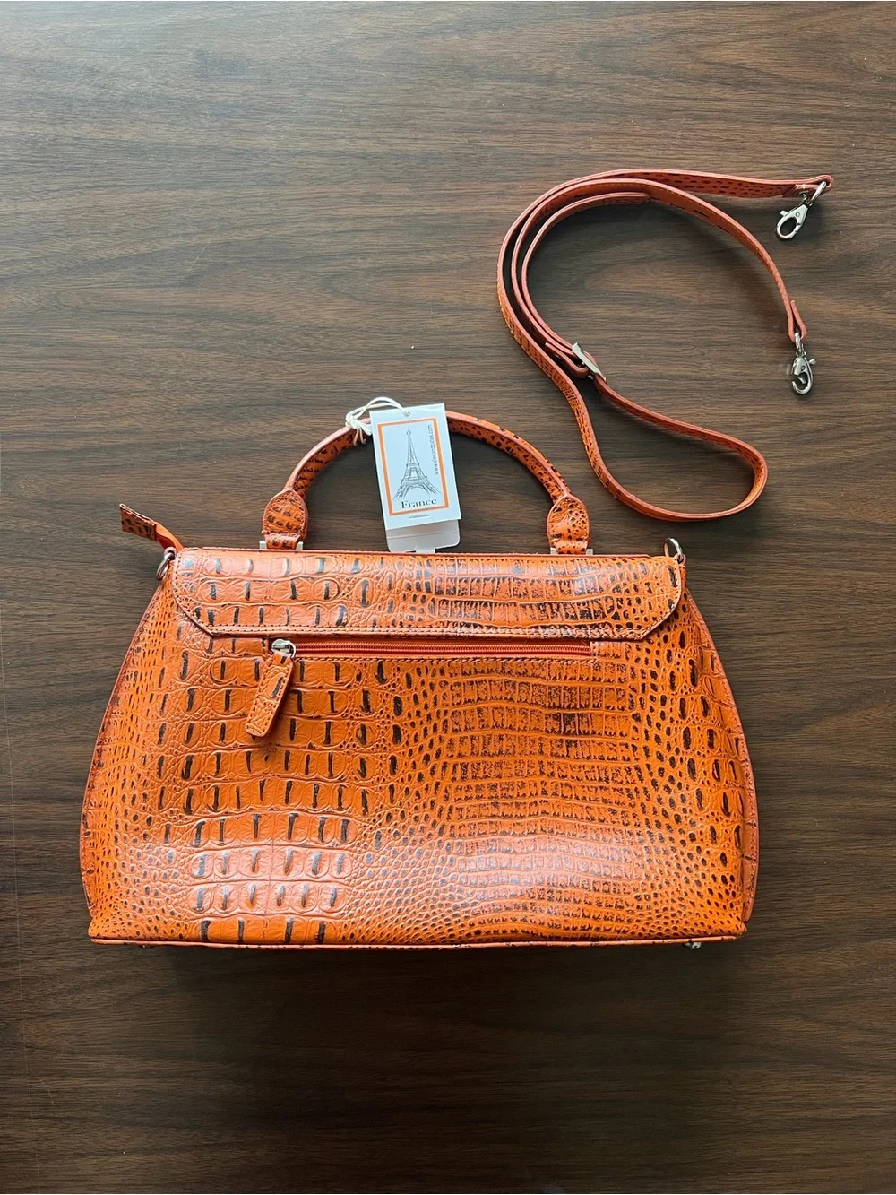Orange Croc-Embossed Satchel with Detachable Strap
